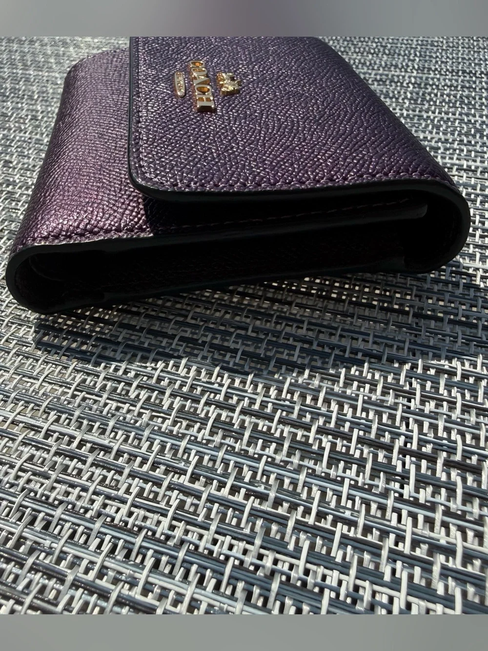 Coach metallic purple trifold button wallet